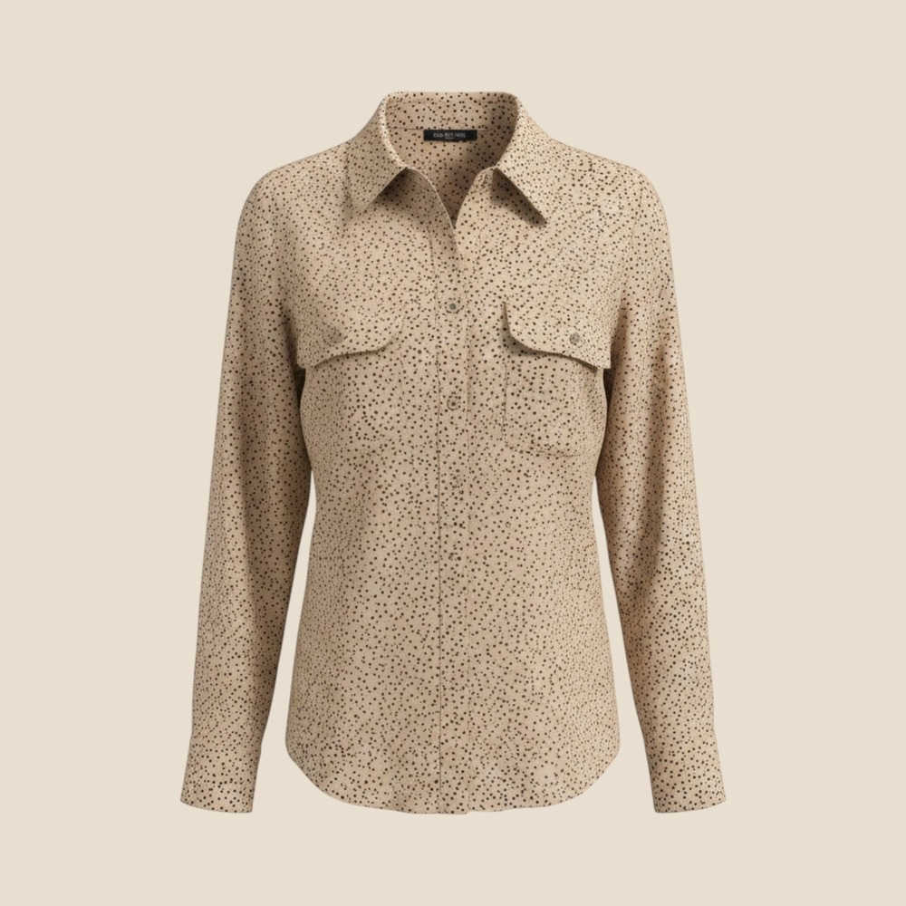 Notations Petite Tan Black Polka Dot Button Down Shirt Roll Tab Blouse PM